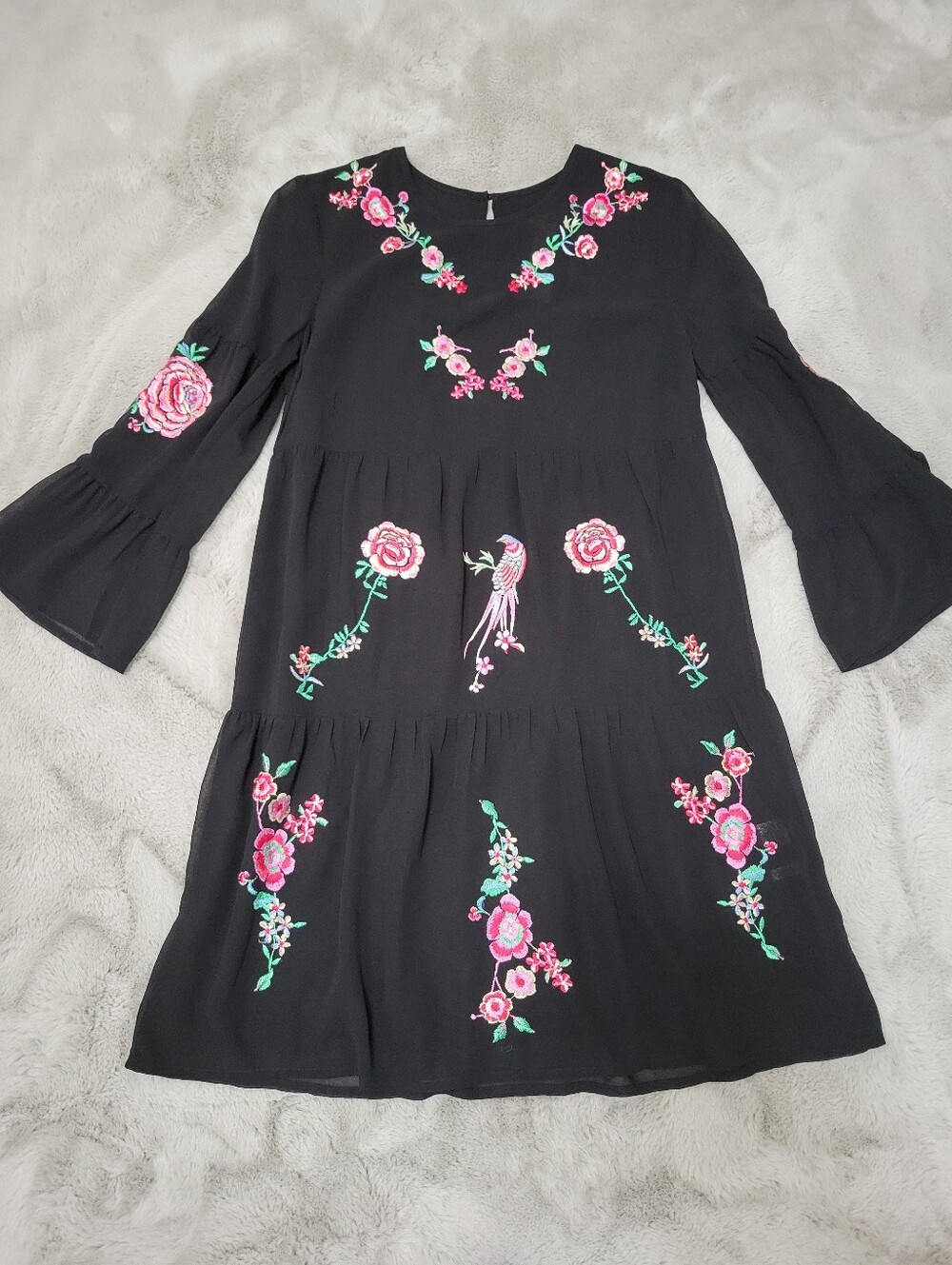 NWT Black And Pink Floral And Bird Embroidered Dress